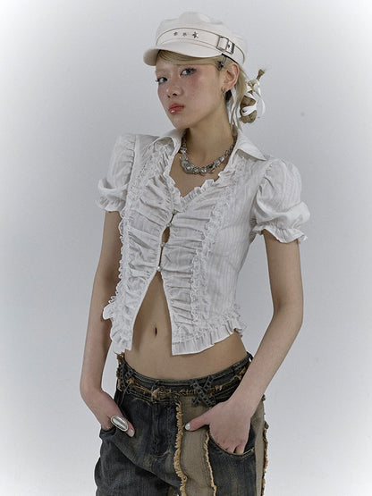 V-NECK PUFF SLEEVE SLEEVED GATHER SHIRT