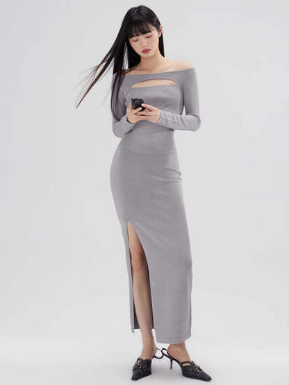 Hollow One-shoulder Sexy Desire Slit Stretch Slim Dress