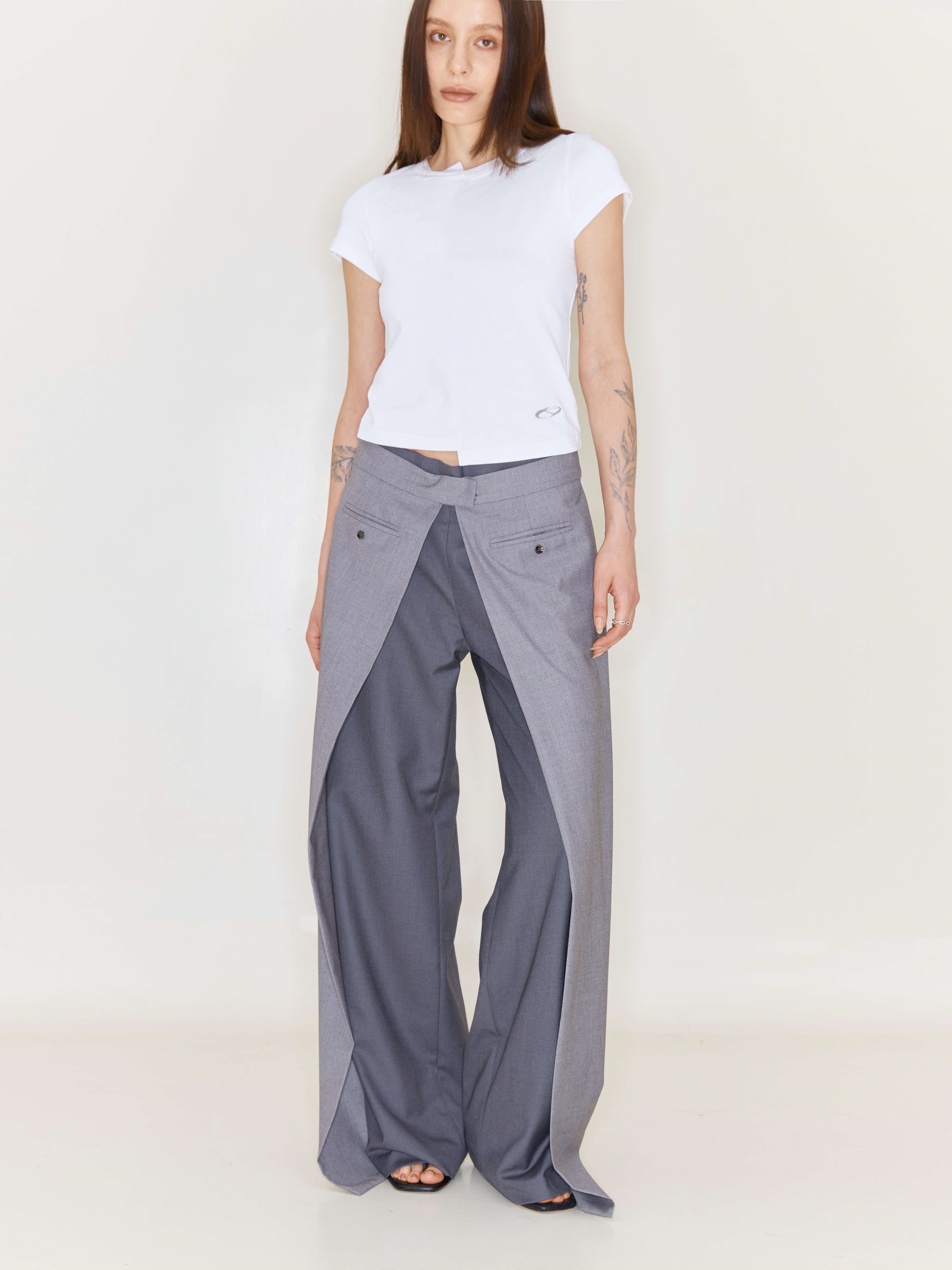 Folding Waist Pleated Wide-leg Pants