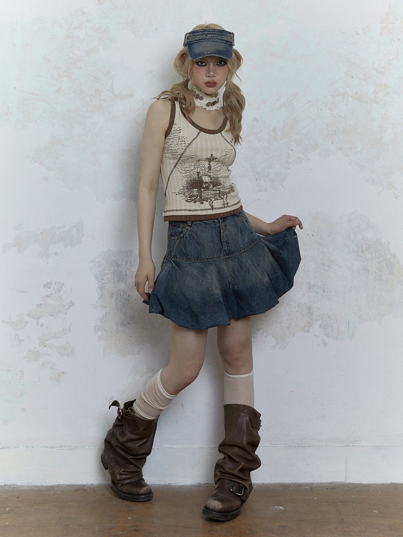 Retro Old Bud Fluffy A-line Denim Skirt