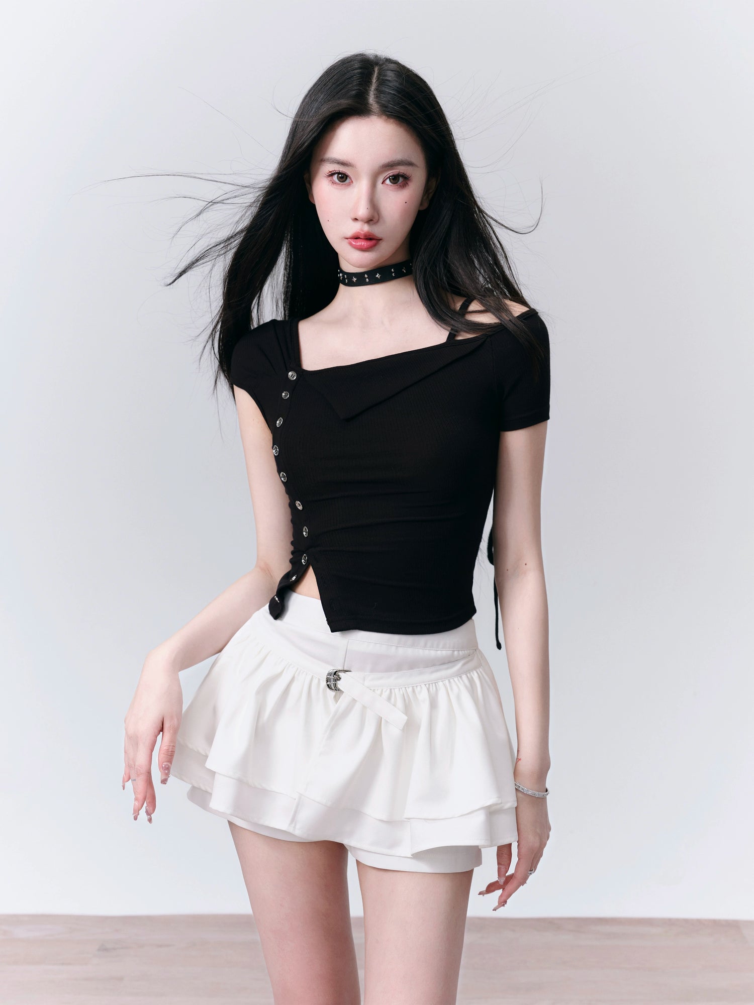 Oblique Shoulder Strap Slim Fit T-Shirt