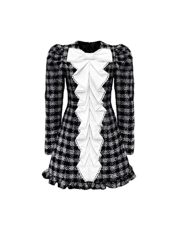 Plaid Overhow Bug Lace Puff Ärmeln enge Kleid