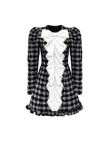 Plaid Oversized Bow Lace Puff Sleeve Tight Dress