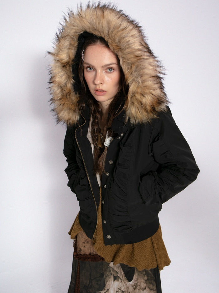 Fur Collar Short Hooded Bomber Jacket