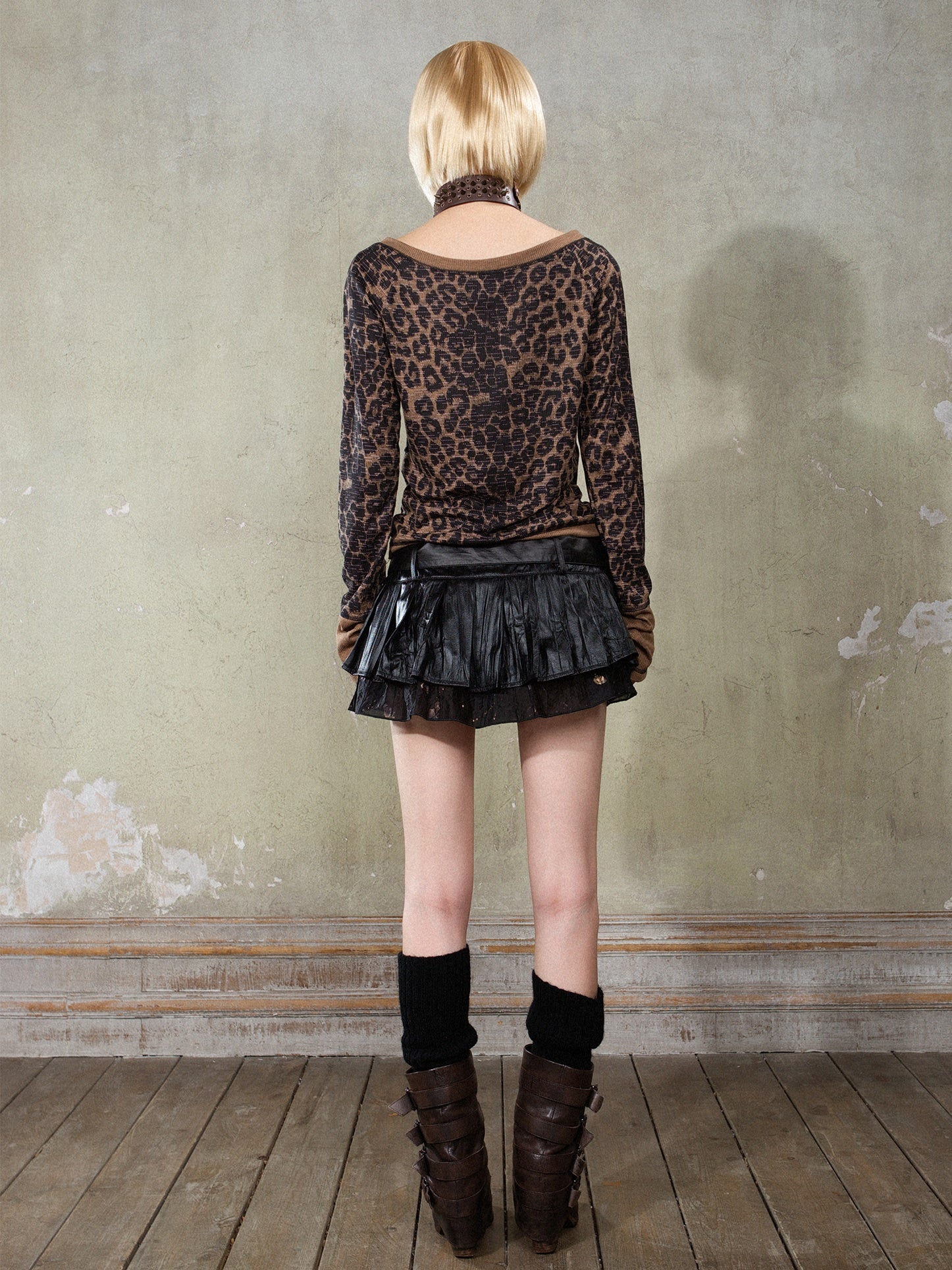 Leopard Print One-shoulder Slim Long-sleeved T-Shirt