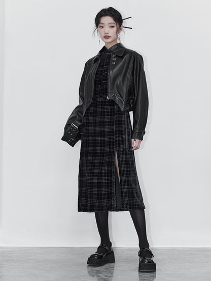 Chinese Style Houndstooth Velvet Stand Collar Dress