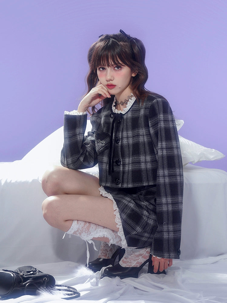 Checkered Lace Stitch No-Collar Jacket ＆ A-Line Skirt