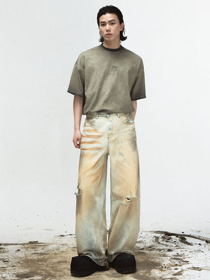 Yellow Mud-dyed Washed Distressed Straight Jeans