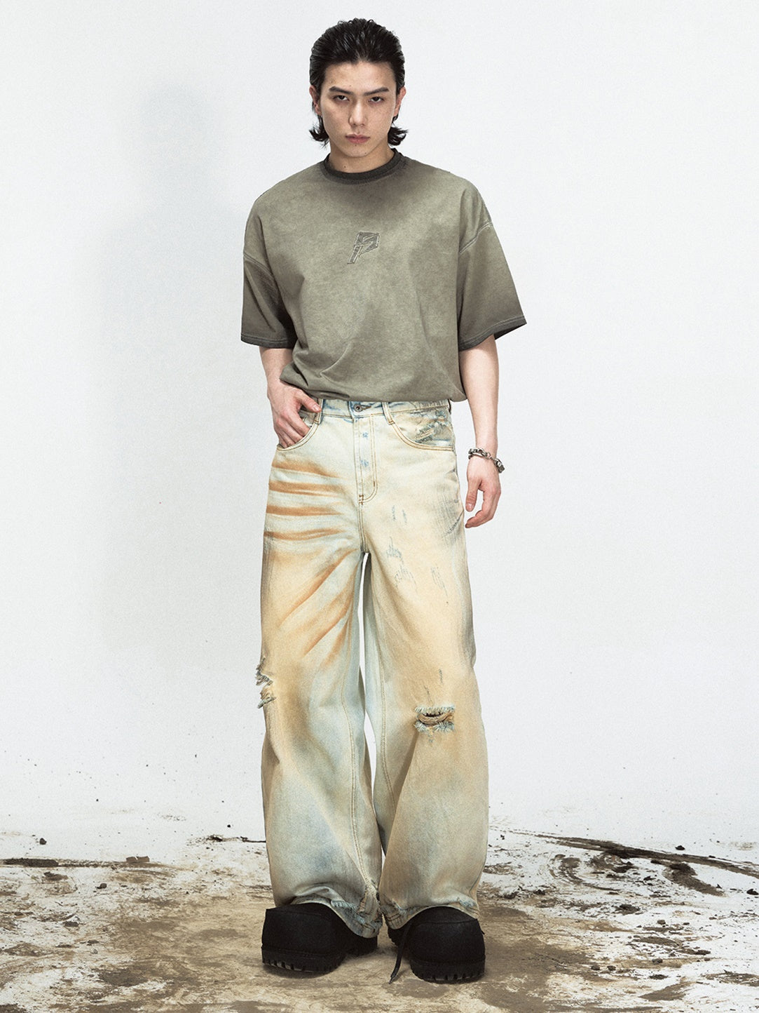 Yellow Mud-dyed Washed Distressed Straight Jeans