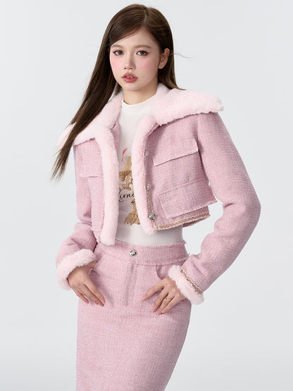 Contrast Color Fur Collar Tweed Padded Jacket &amp; Skirt