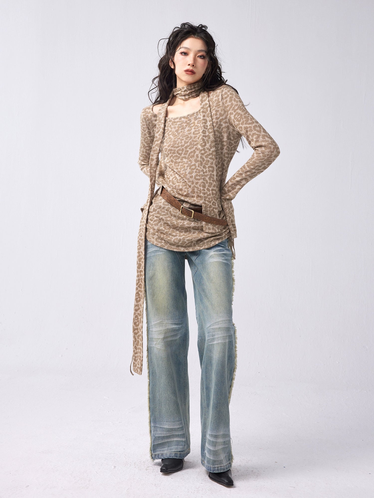 Leopardenmuster Schalstring loser Pullover