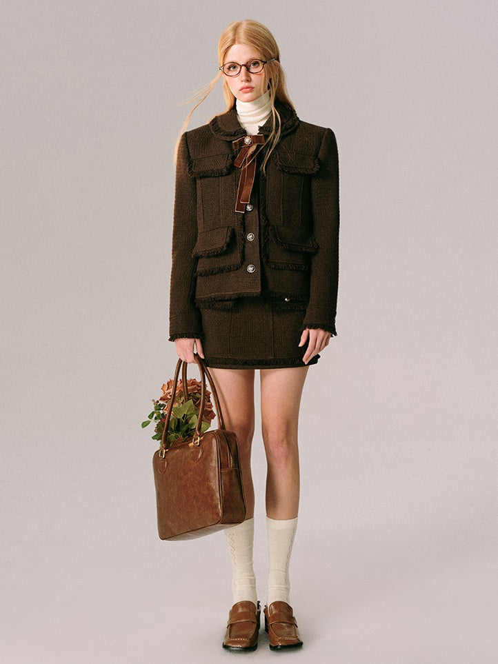 College Style Tweed Short Jacket &amp; Mini Skirt