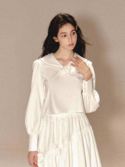 Three-dimensional Rose Doll Collar Long Sleeve Shirt