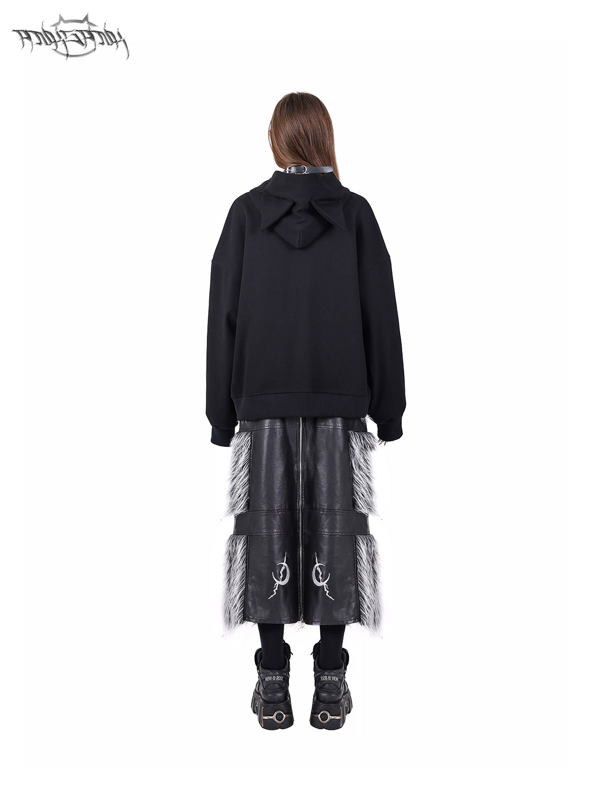 Front And Back 2Way Spliced Fur Double Zipper Leather Skirt