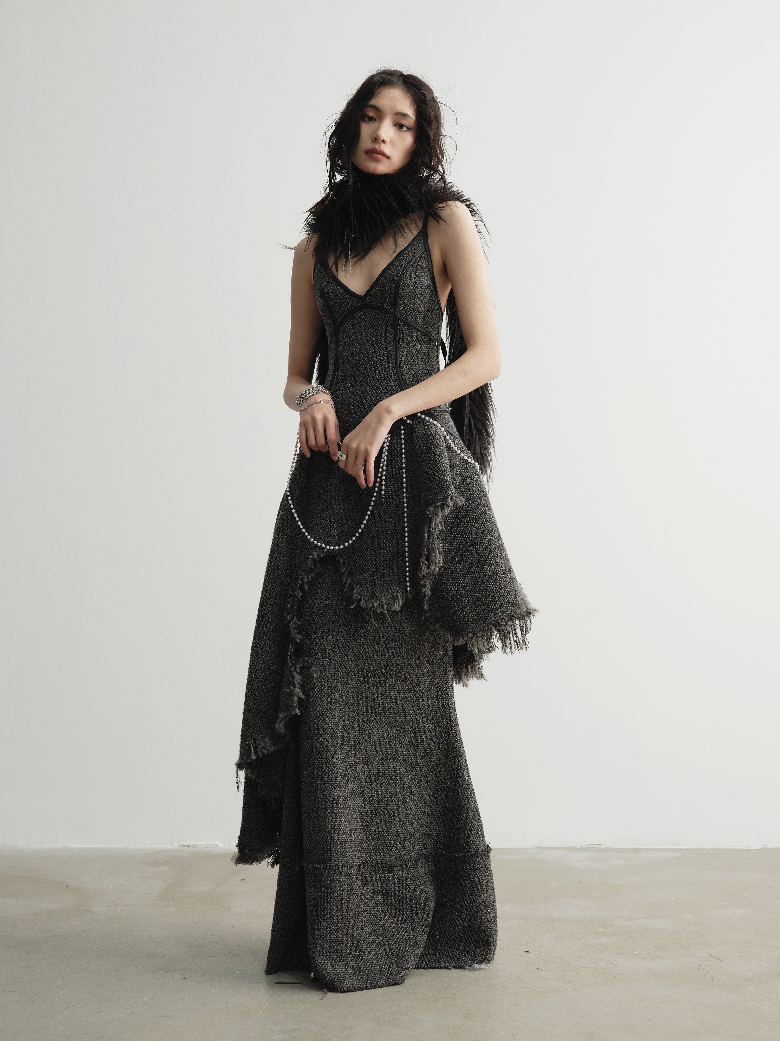 Damaged Raw Edge Tassel Suspender Irregular Dress