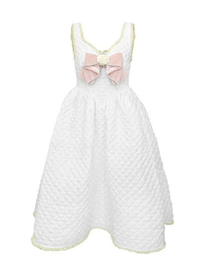 Lace Bow Flower Decoration Padded Suspender Dress ＆ Puff Sleeve Top