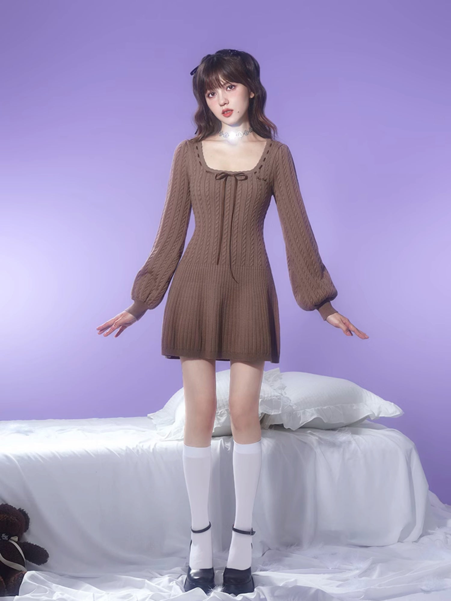 Square Neck Cable Knitted Dress