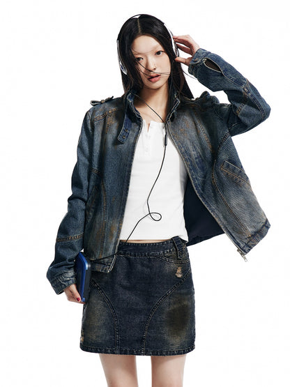 Stand-Collar Denim Short Jacket