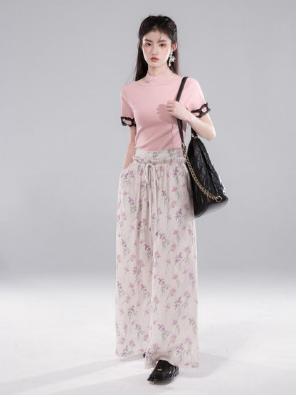 Flower Drawstring Printed Wide-leg Pants