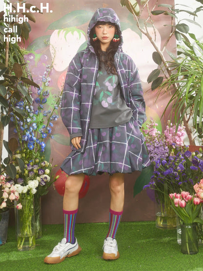 Gradient Cherry Plaid Printed Hooded Windbreaker Jacket &amp; Flower Bud Skirt