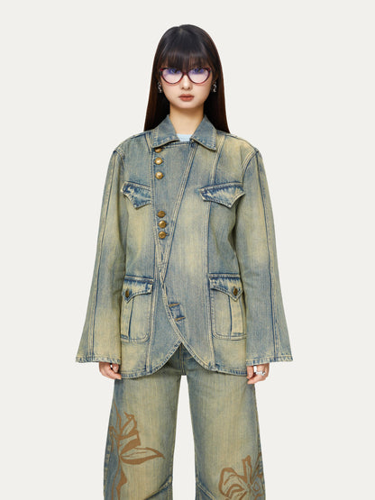 Distressed Deconstructed Casual Denim Jacket ＆ Curve Denim Pants