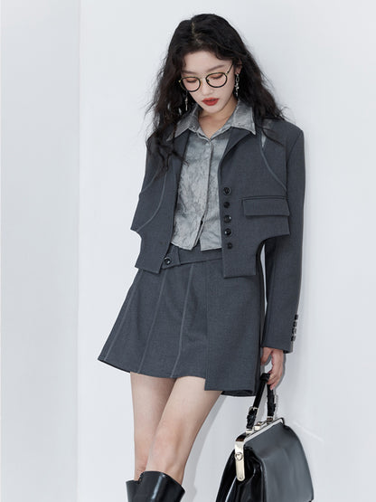 College Style Design Jacket &amp; Pleated Skirt &amp; Jacquard Shirt