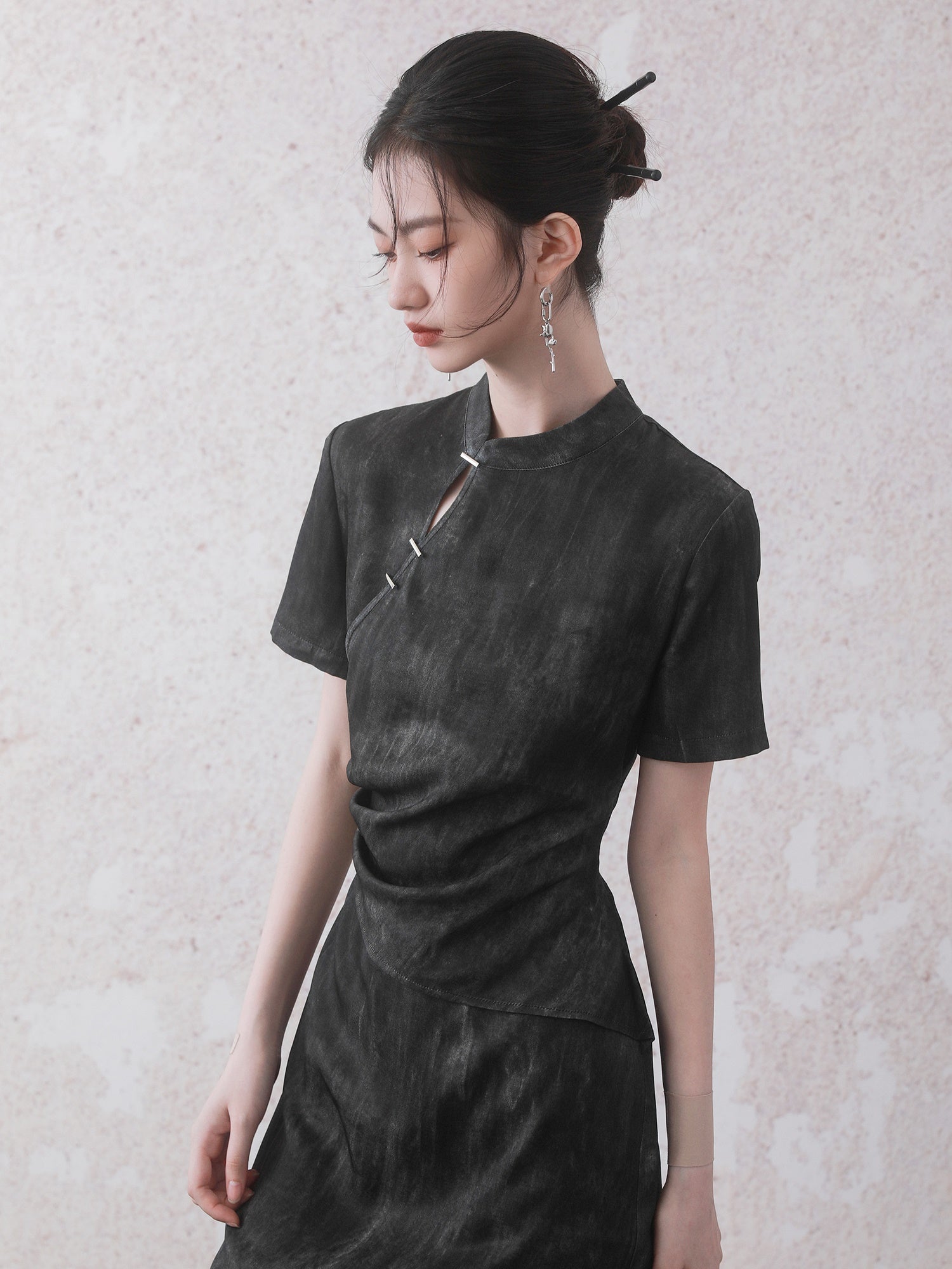 Chinese Style Gradation Wrinkled Short Sleeve Dress