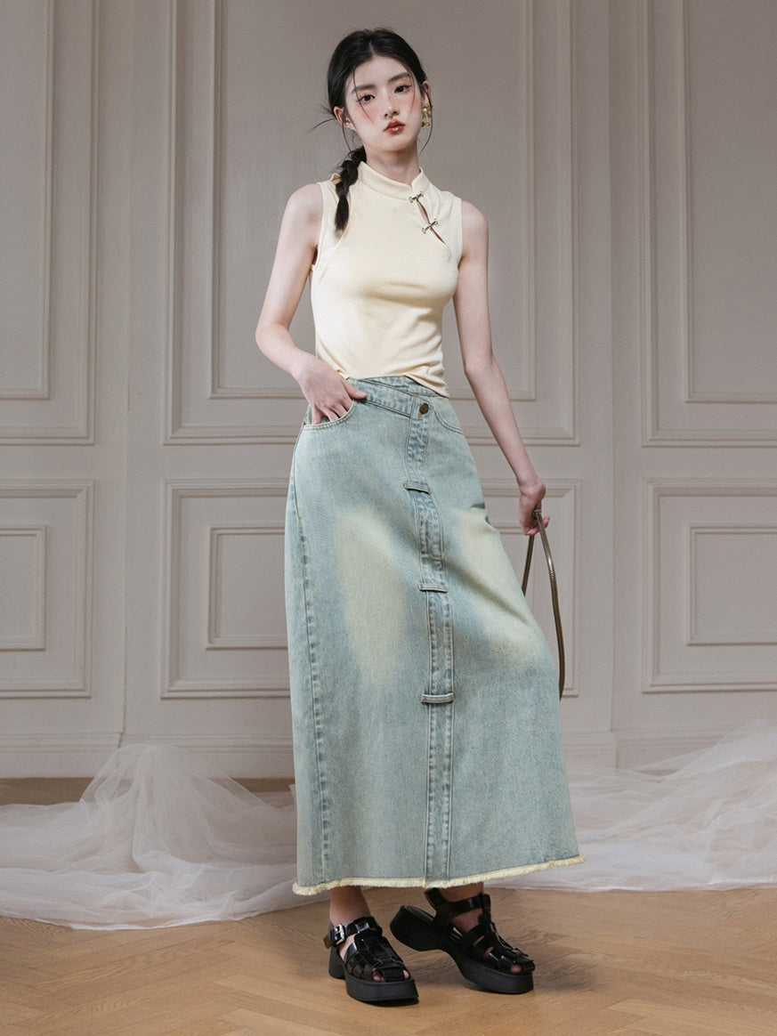 Slanted Placket Distressed Denim Skirt