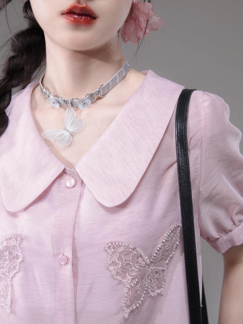 Pearl Butterfly Embroidered Baby Collar Shirt