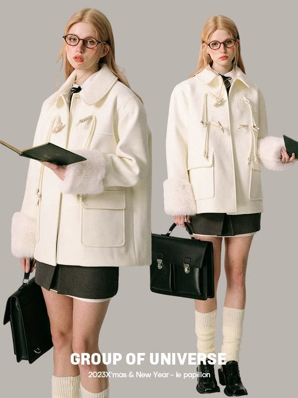 Horn Button Furry Collar Short Coat