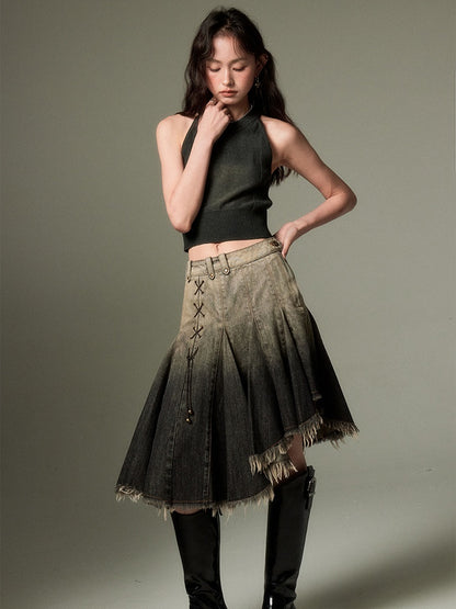 Gradient Bandage Irregular Hem Denim Skirt