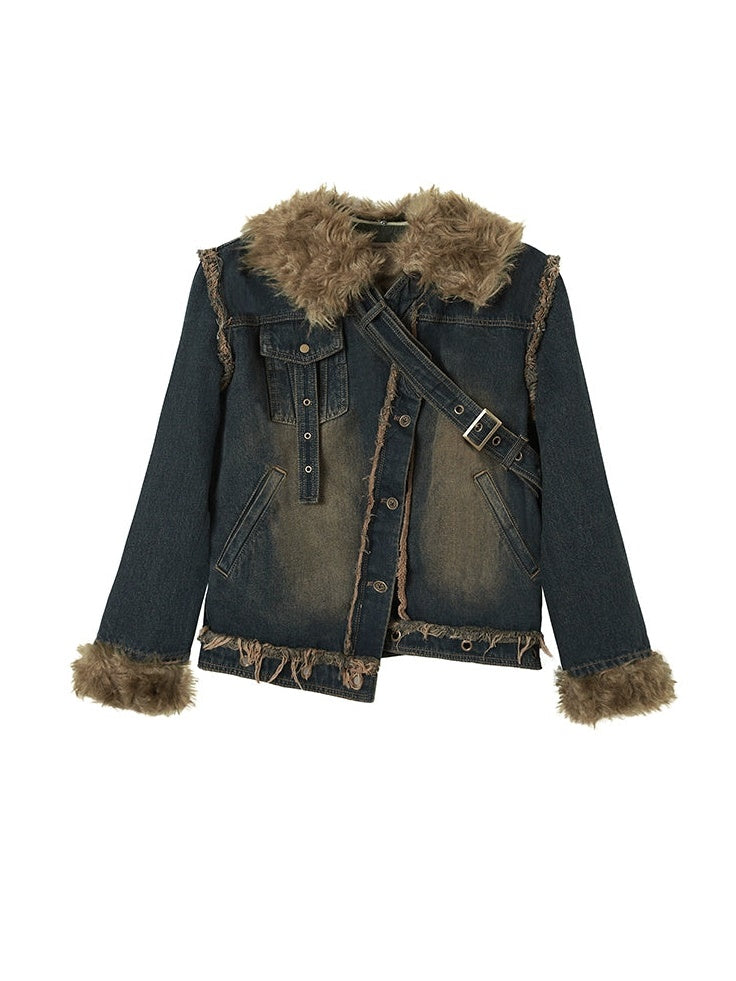 Fur Collar Washed Slant Design Strap Denim Jacket