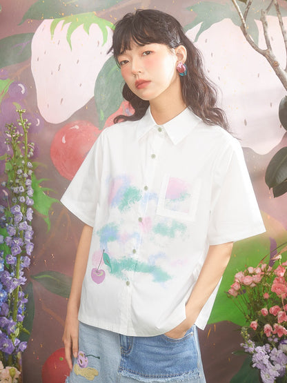 Gradient Cherry Decorated Pocket Loose Shirt