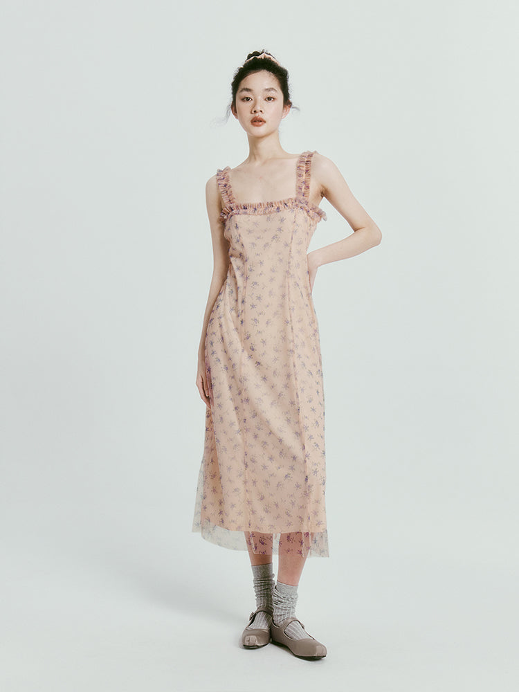 Mesh Double Layer Floral Strap Dress