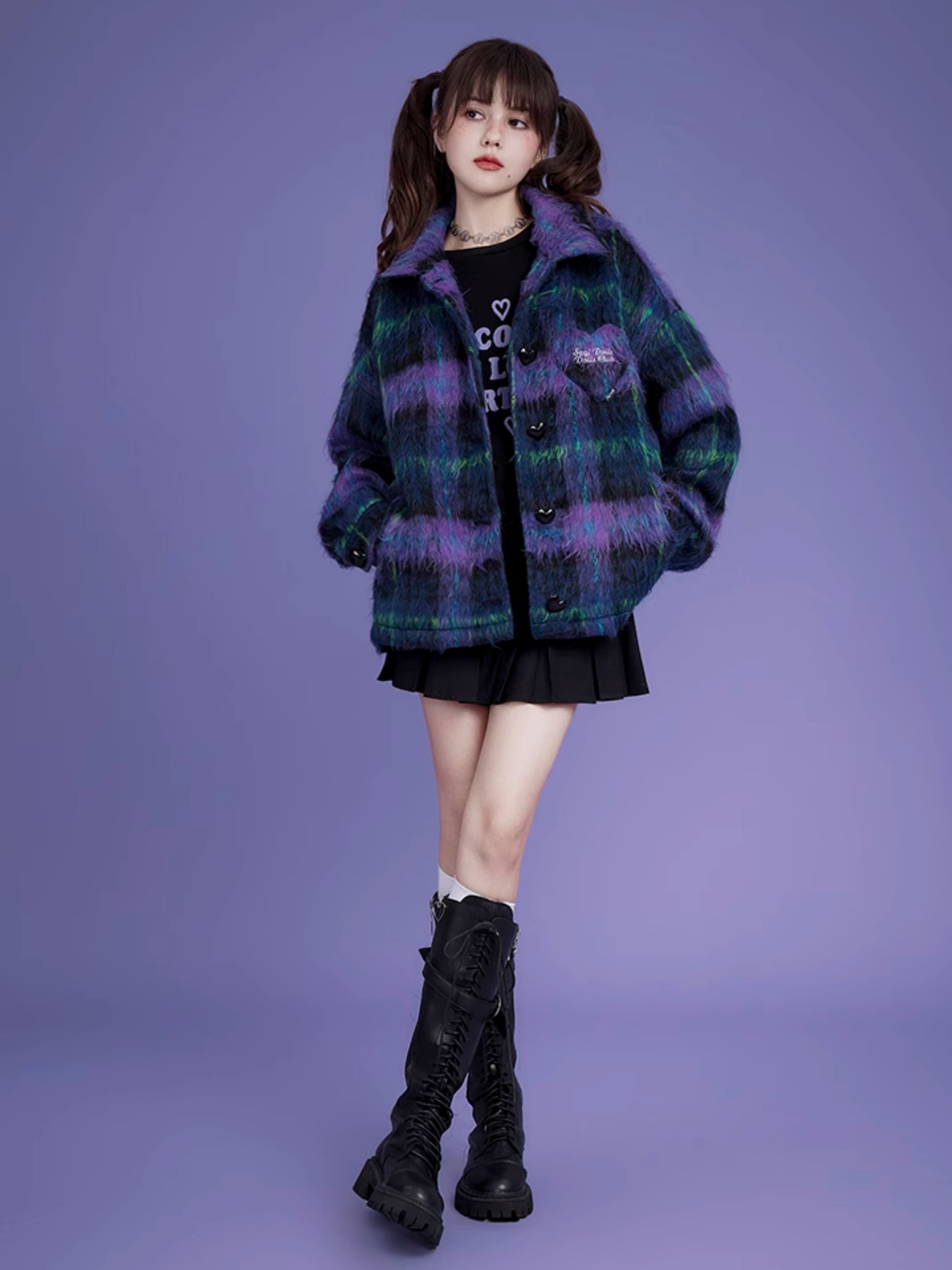 Loose Plaid Long Hair Warm Coat