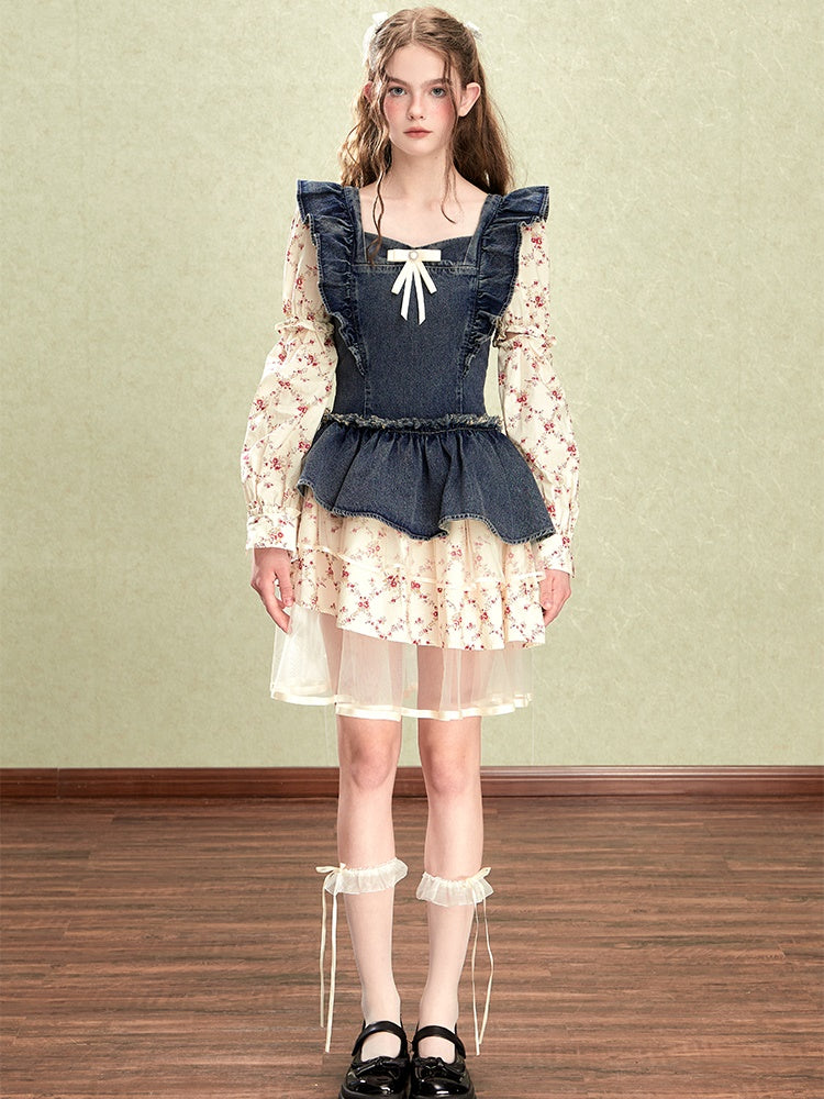 Small Flying Sleeve Stitching Denim Fake Two-piece Dress