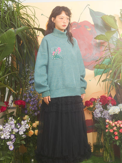 Butterfly Orchid Embroidery High-neck Sweater