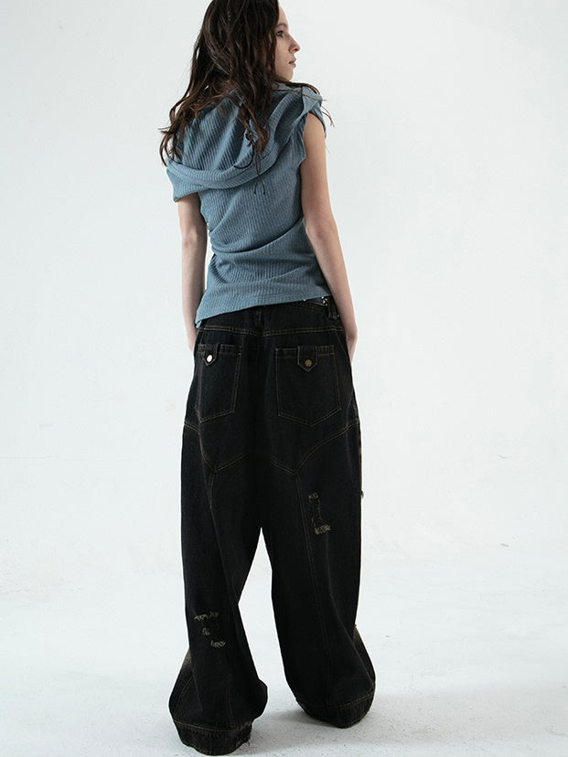 Distressed Large Hole Wide-leg Straight Jeans