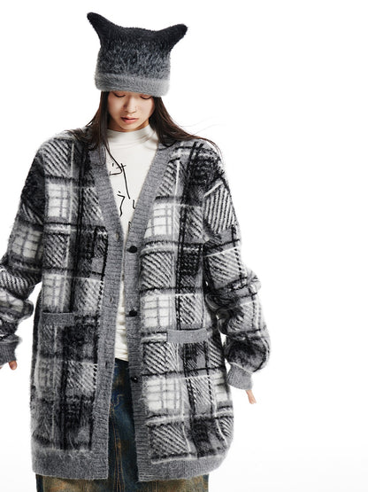 Plaid übergroße V-Ausck-Strickjacke