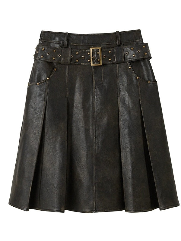 Retro Leather Rivet Belt Skirt