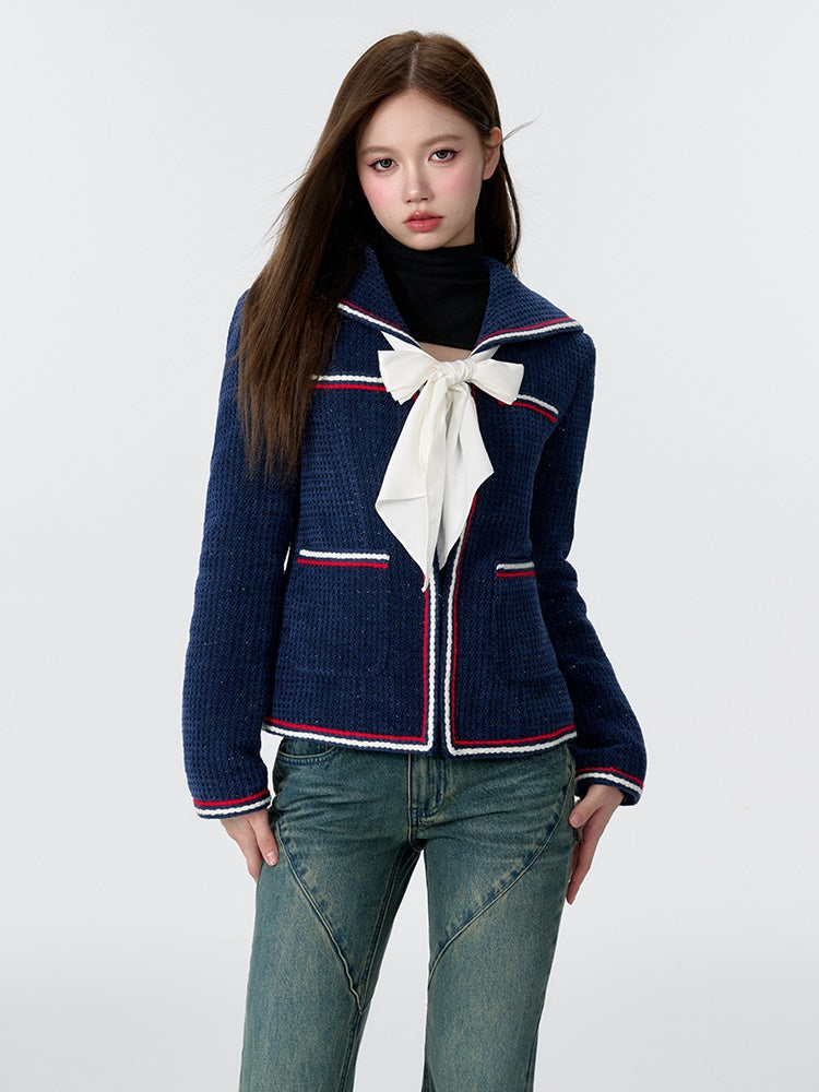 College Style Navy Collar Bow Tweed Padded Jacket