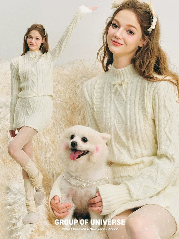 Cable Bottle-Neck Fluffy Knit Sweater ＆ Frill Knitted Skirt