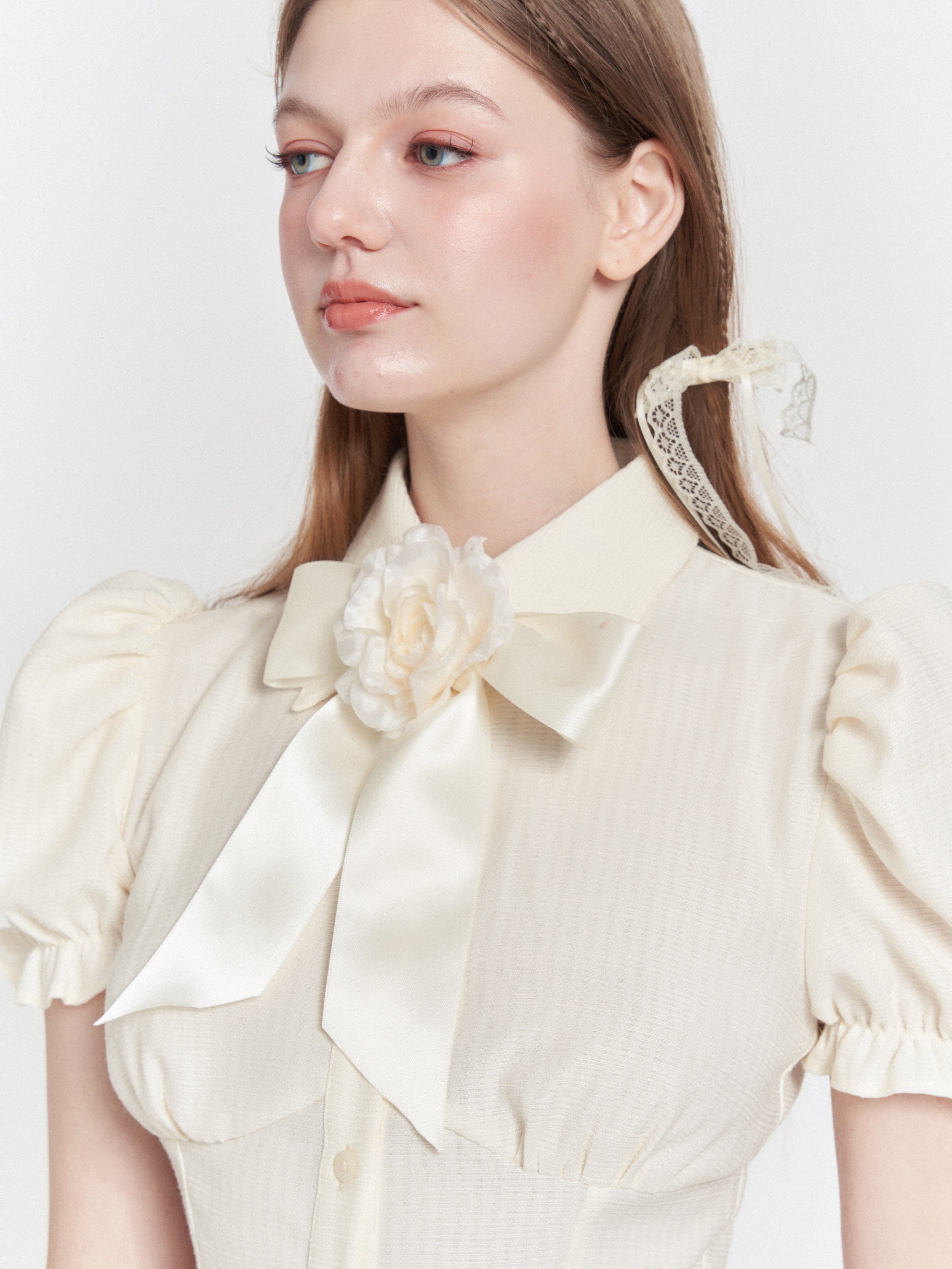 Camellia Ribbon Brooch Ruffle Puff Sleeve Shirt