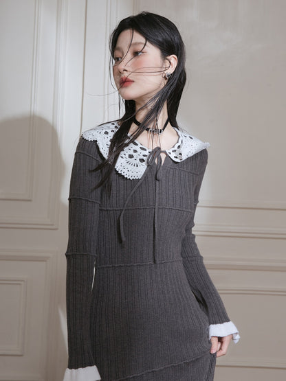 Lace Collar Knitted Long Dress