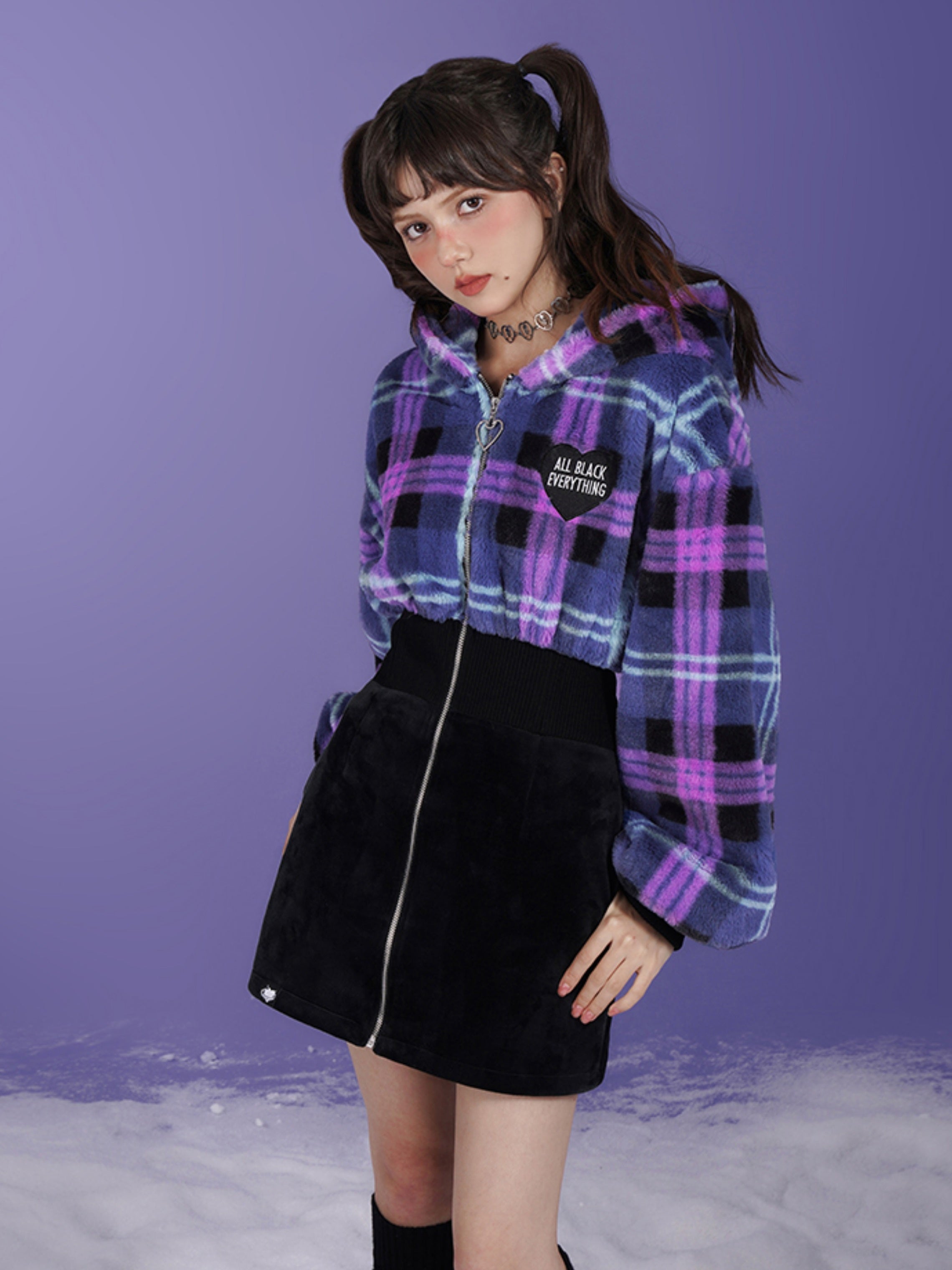 Plaid Fur Plush Switching Design Hooded Dress