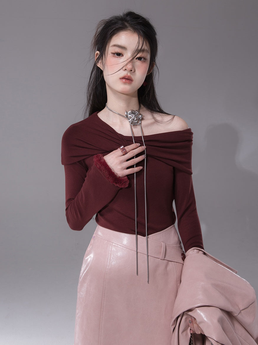 Slanted Shoulder Collar Twisted Sweater