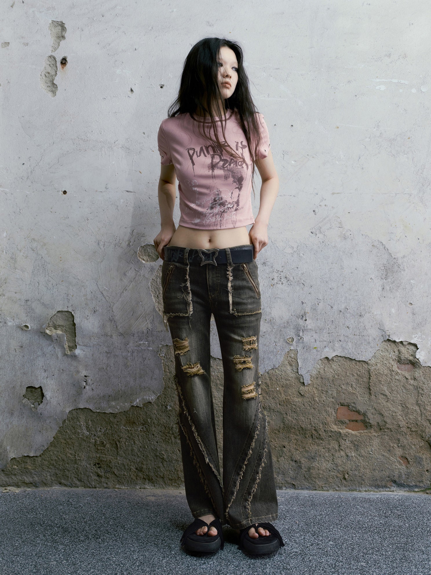 Washed Distressed Hole Bell Bottom Denim Pants