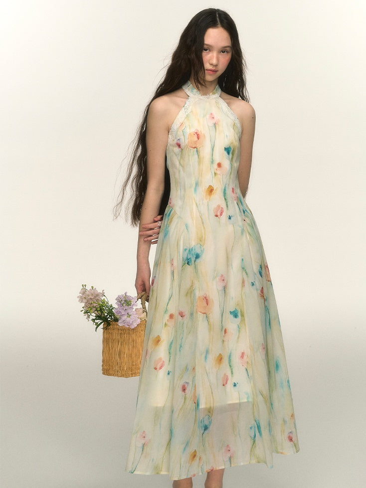 Chinese Style Ink Tulip American Sleeve Dress