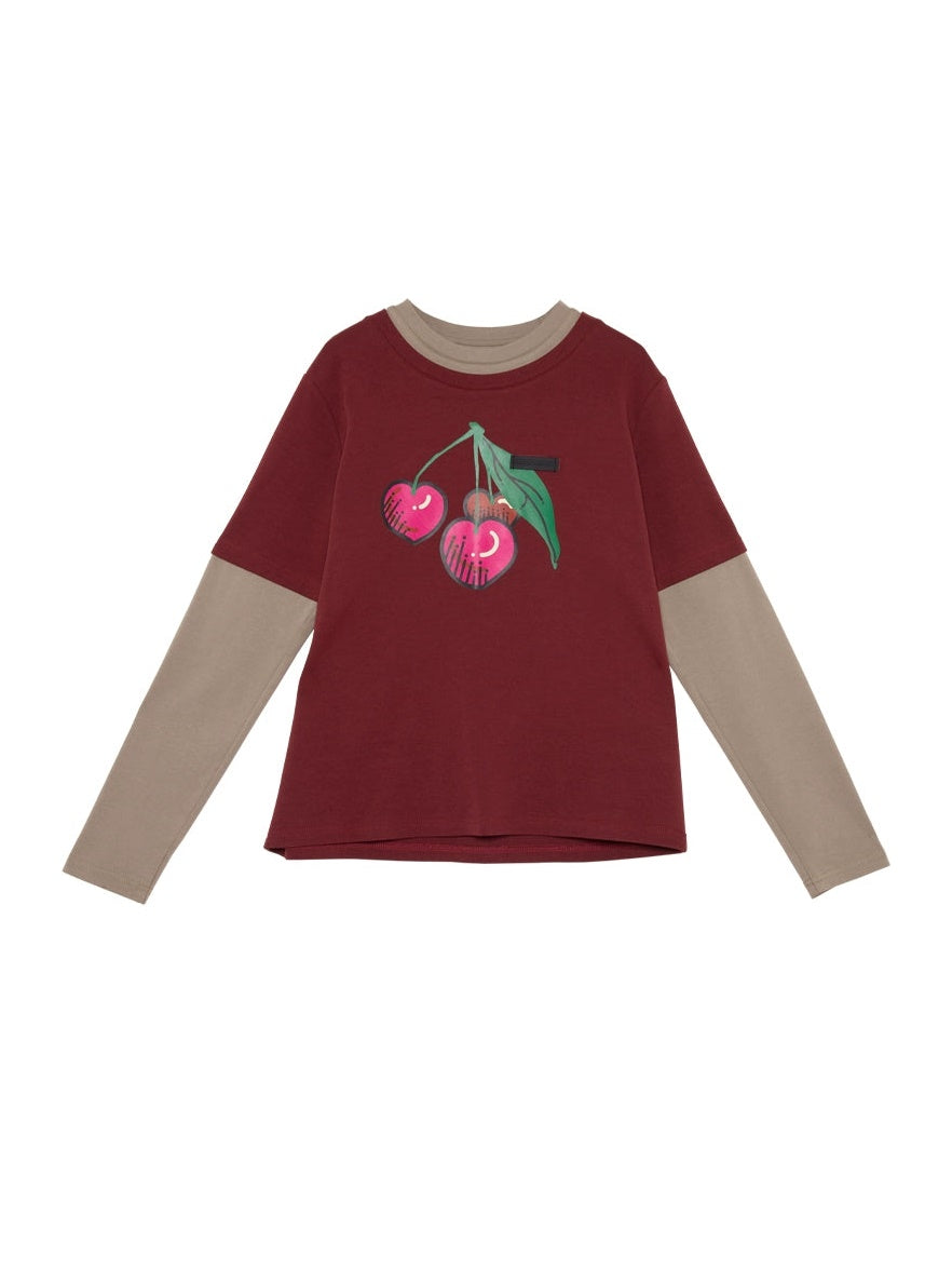 Cherry Print Fake Layered Long-sleeved T-shirts