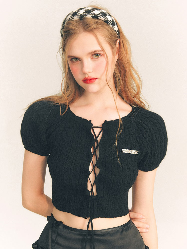 Lace-Up Short Sleeve Cropped Knit